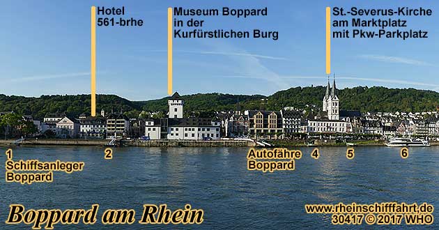 Boppard am Rhein mit Schiffsanlegern, Hotel 561-brhe, Museum Boppard in der Kurfrstlichen Burg und St.-Severus-Kirche